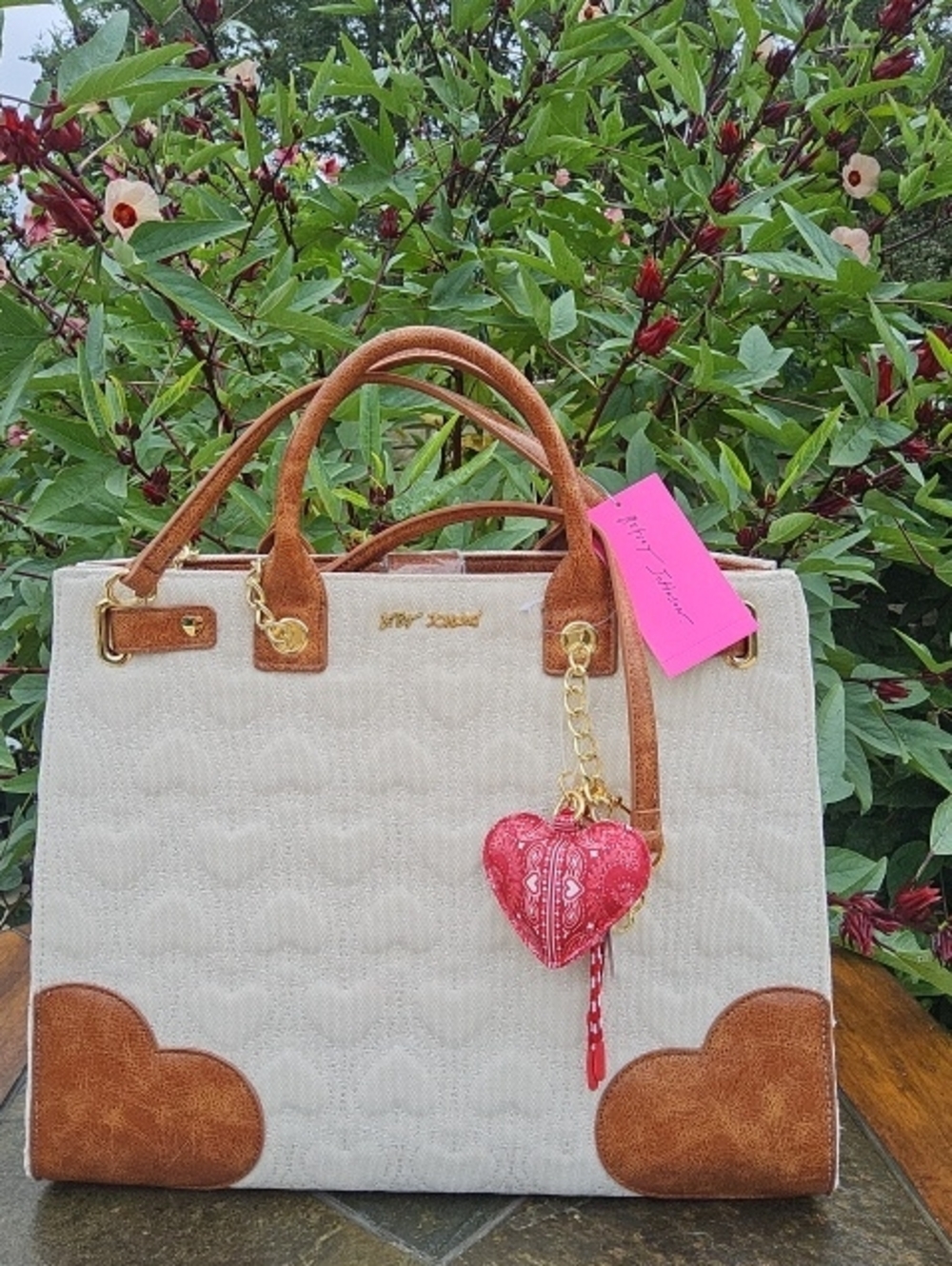 Betsey Johnson Cream and Brown Quilted Satchel with Pink Heart Charm